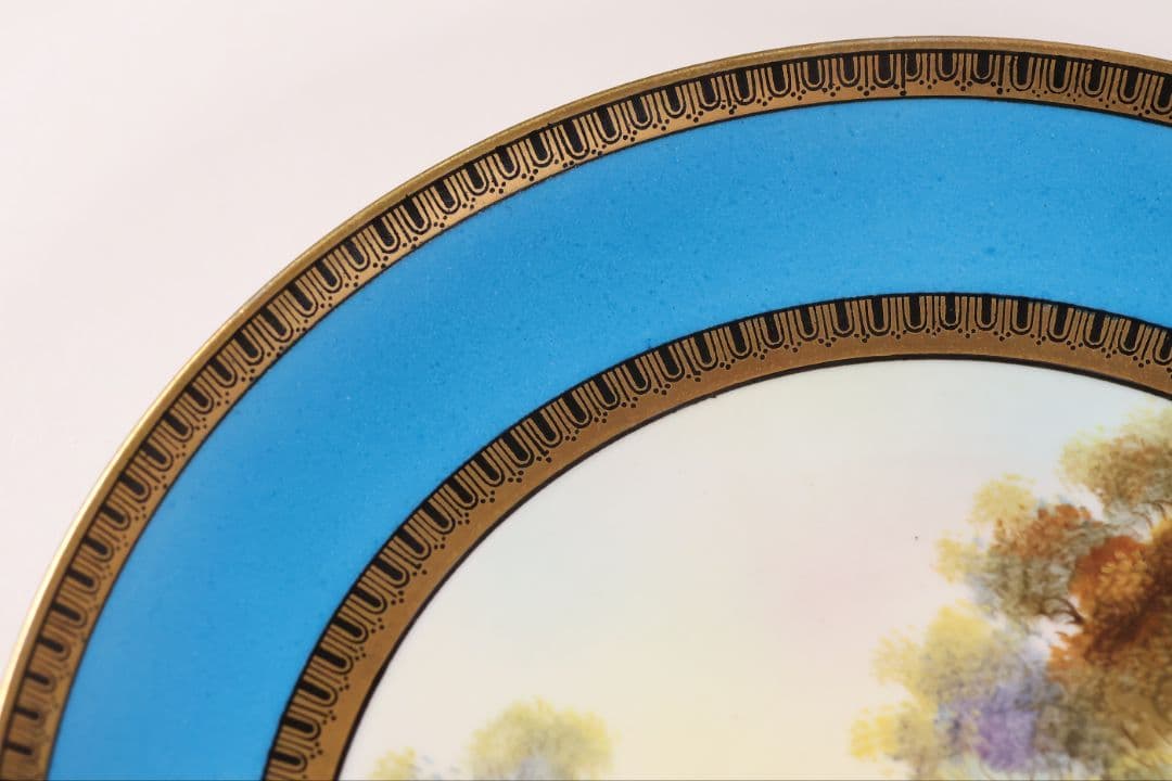 【CM300】オールドノリタケ 白鳥 風景 皿 プレート 金彩 ブルー 青 明治