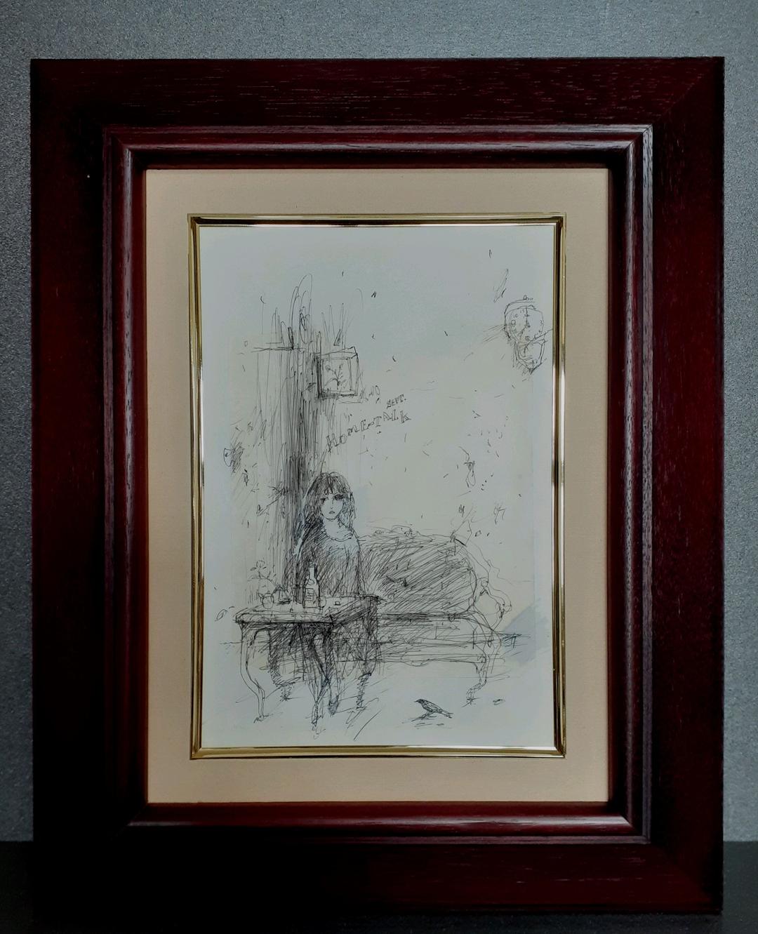 作者不明　ボールペンイラスト　女性と鳥と掛け時計の図　肉筆　SM　額装