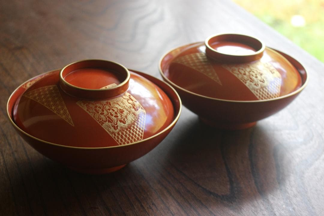 時代逸品！上質朱漆に極上花文沈金の大椀2点（検漆器輪島塗沈金椀雑煮椀
