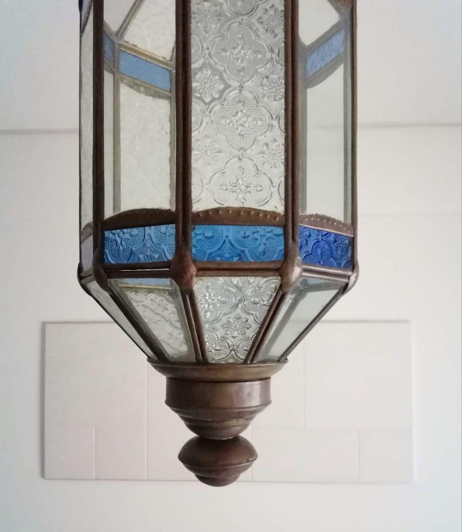 照明　ペンダントライト　型板硝子　真鍮　ステンドグラス　アンティーク　バリ島