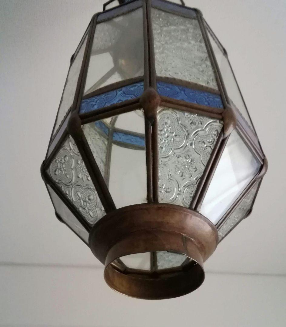 照明　ペンダントライト　型板硝子　真鍮　ステンドグラス　アンティーク　バリ島