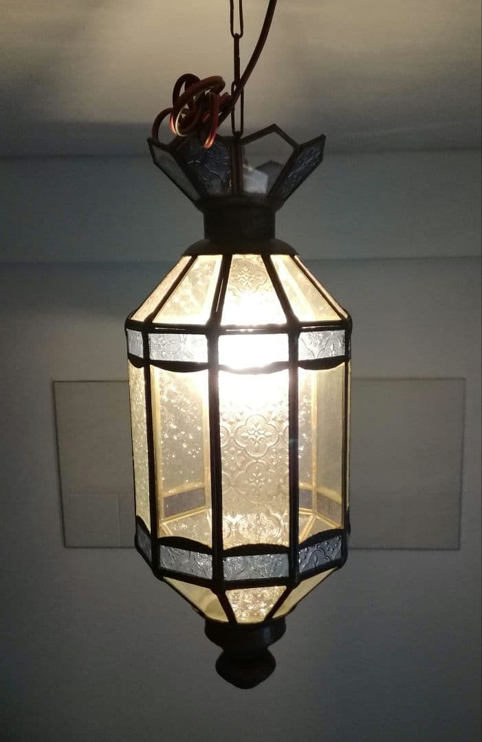 照明　ペンダントライト　型板硝子　真鍮　ステンドグラス　アンティーク　バリ島