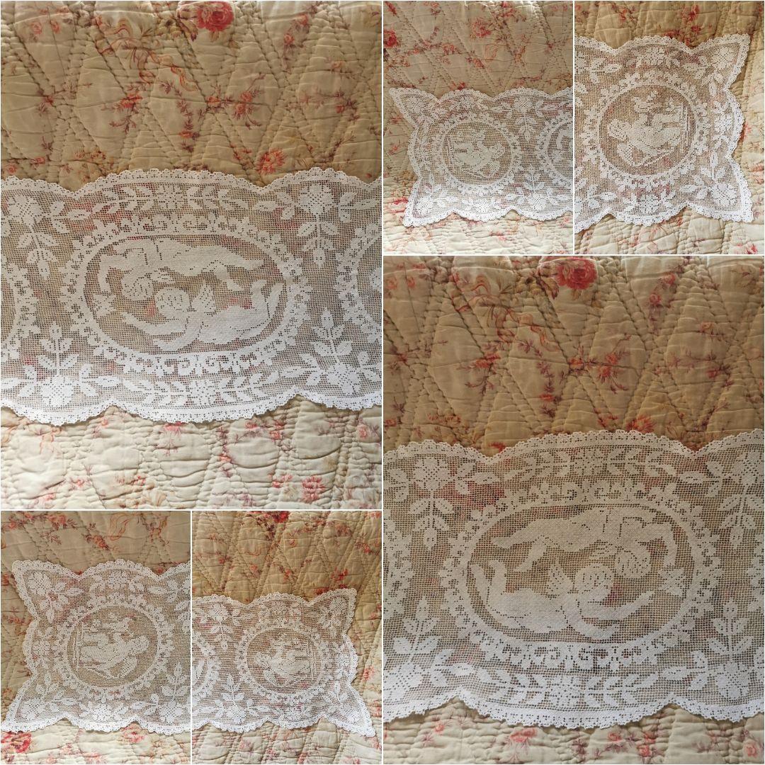 アンティークフランス リネンフィレレース 天使と鳥と蝶 テーブルクロスランナー