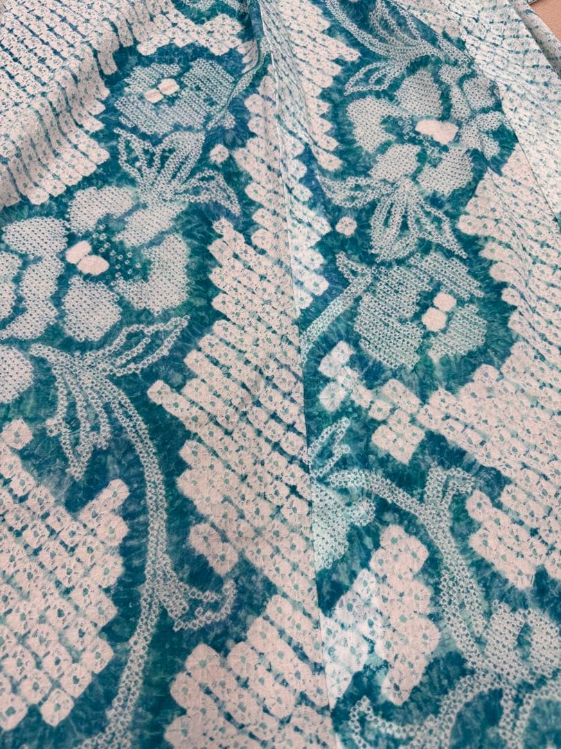 有松絞り青緑系花柄浴衣(美品)