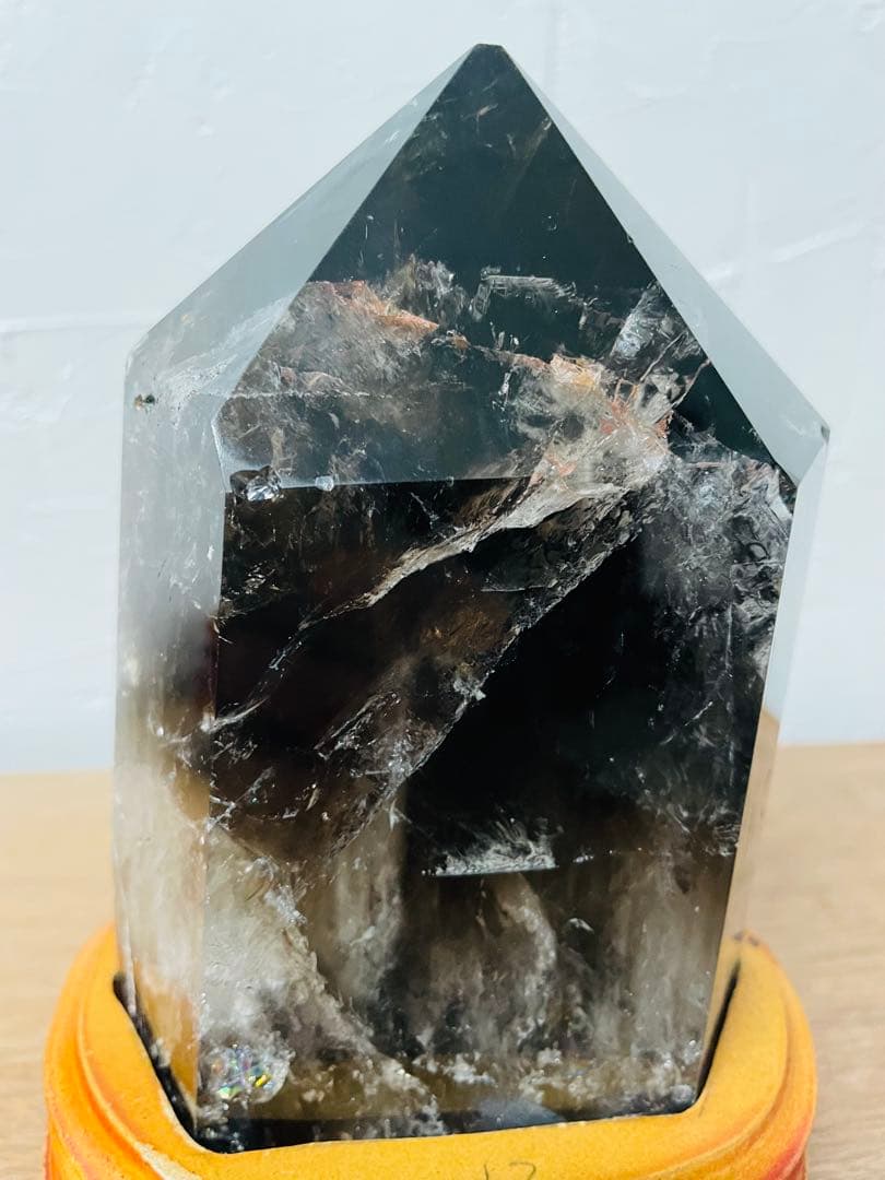 煙水晶 スモーキークォーツ 六角柱 約20cm 台座付き