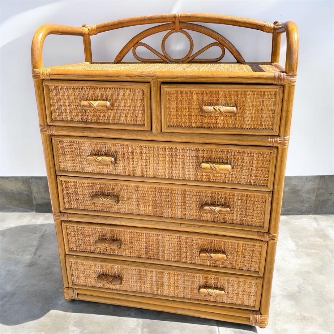 【希少家具】ラタン 籐 6段チェスト タンス ヴィンテージ