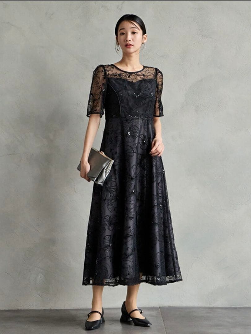 【AIMER】 ビオラモチーフスパンコール刺繍ドレス ワンピース