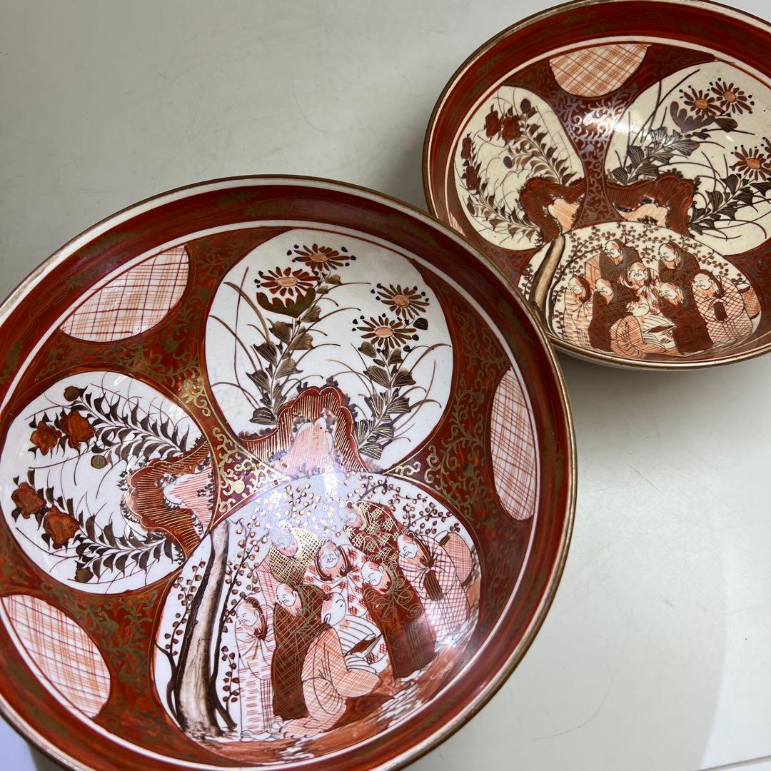 明治初期　九谷焼　赤絵人物画鉢大小　口径約21.5/18.5㎝東Y8-0123①