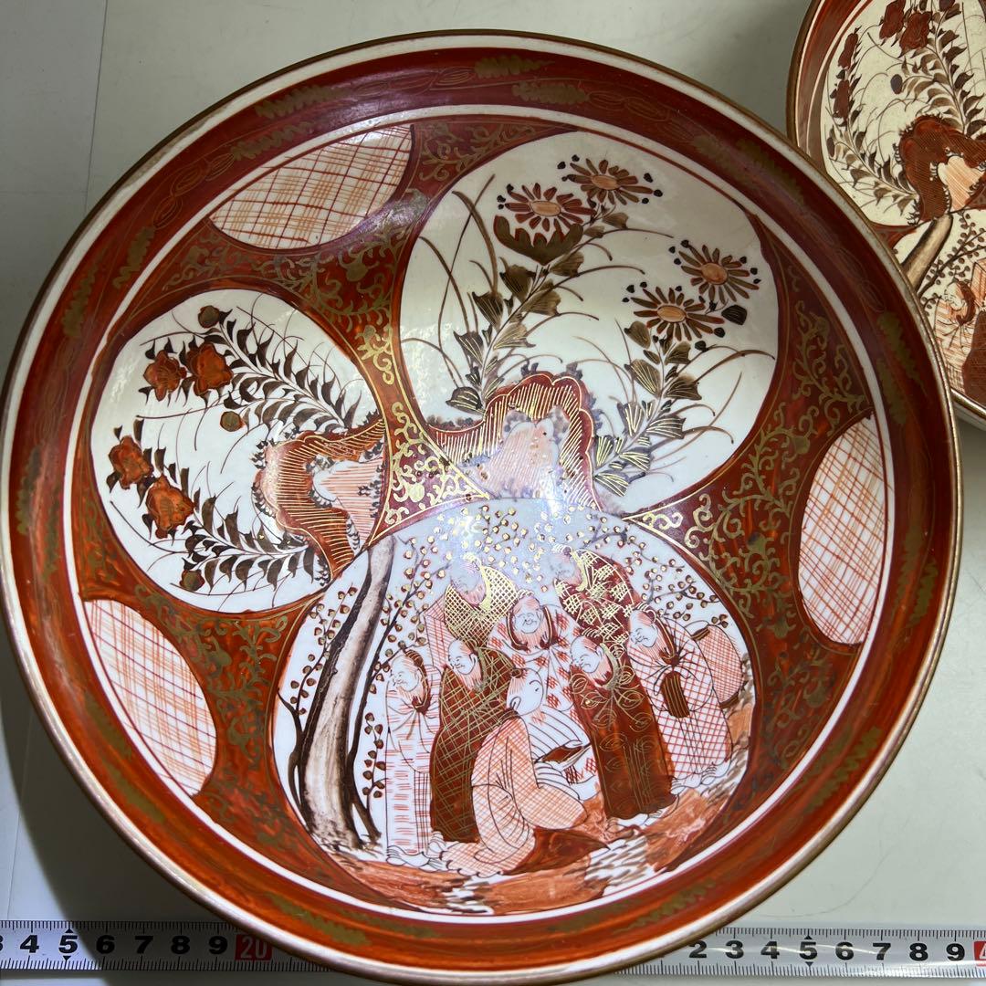 明治初期　九谷焼　赤絵人物画鉢大小　口径約21.5/18.5㎝東Y8-0123①