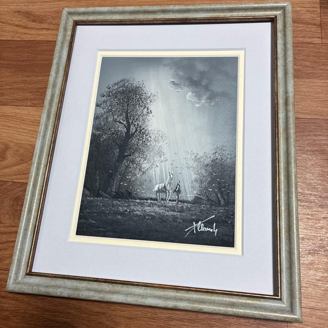 フランス　クロード•パトリック　油絵　幻想的　森の中の白馬と少女