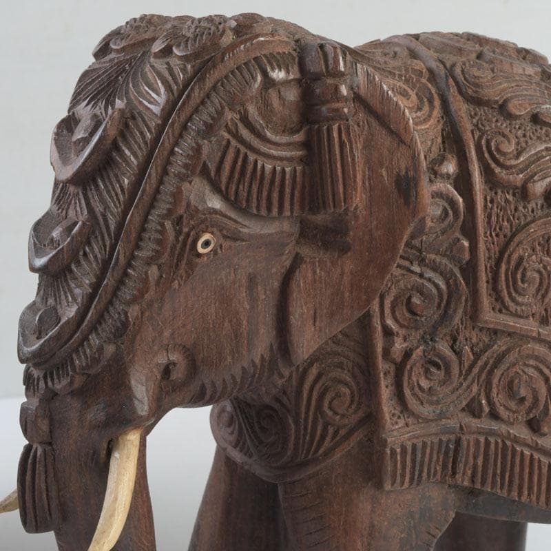 中国　唐木紫壇製　獣骨装飾など　インド象　3点まとめて　台付　V　9336A