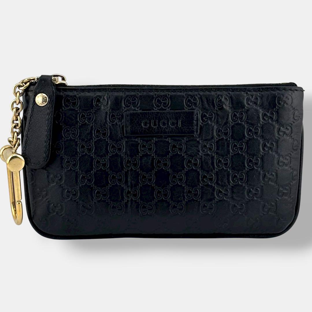 美品 グッチ　ケース マイクロシマ　ロゴプレート キーリング レザー 黒