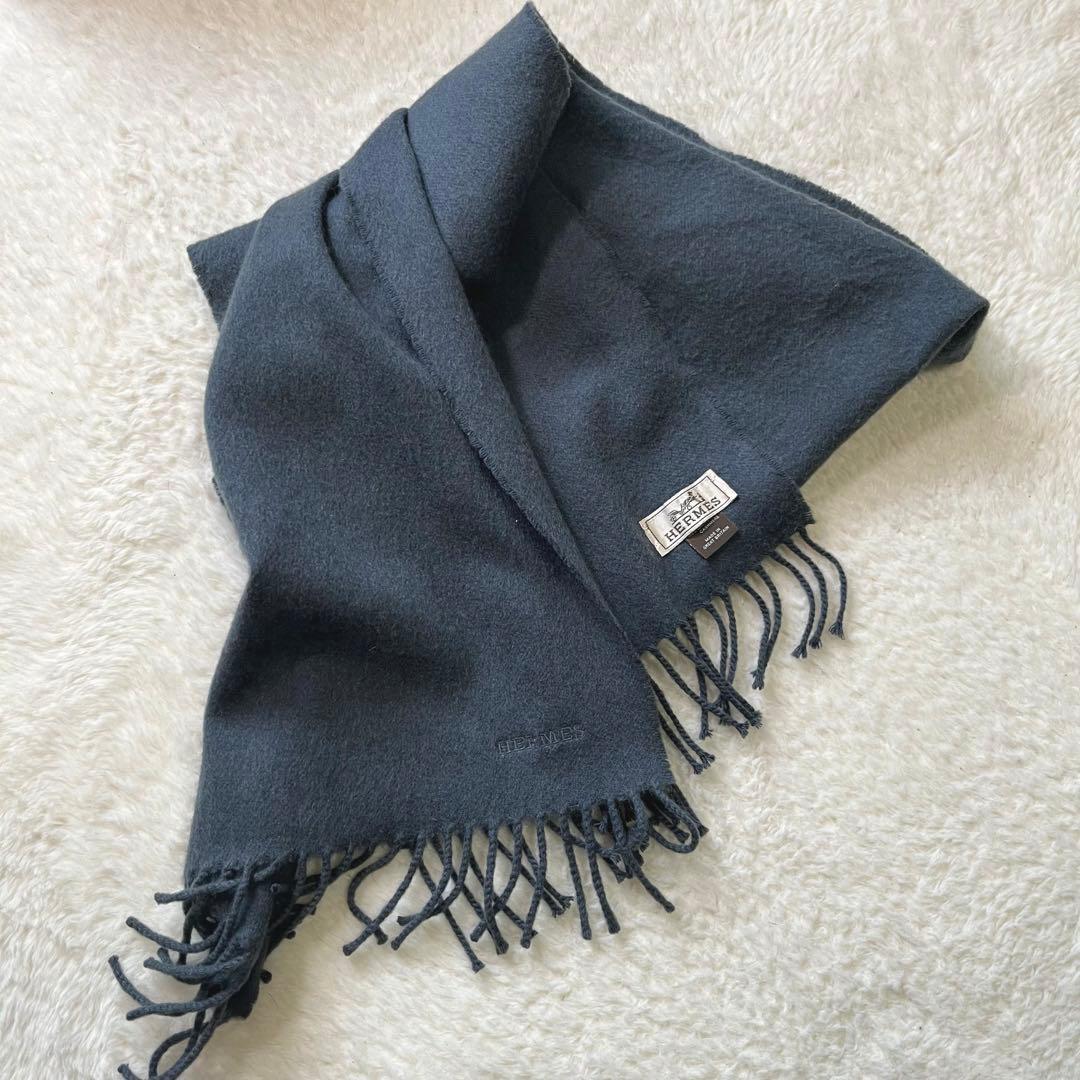 美品　HERMES エルメス　グレージュ　カシミヤ　マフラー　タグ　刺繍ロゴ