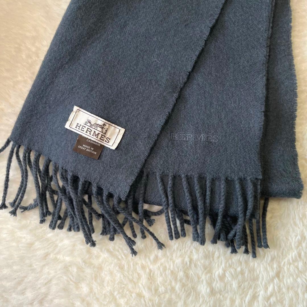 美品　HERMES エルメス　グレージュ　カシミヤ　マフラー　タグ　刺繍ロゴ