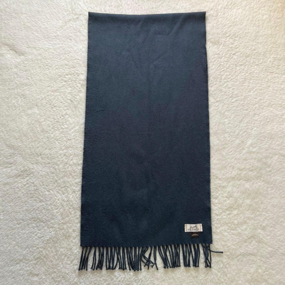 美品　HERMES エルメス　グレージュ　カシミヤ　マフラー　タグ　刺繍ロゴ