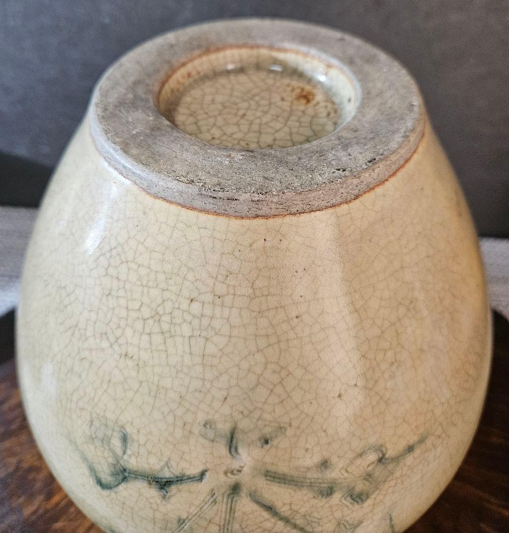 明治時代　御深井焼　蕪の葉の図　壺 花入れ　花生け　オブジェ　高さ19.1cm