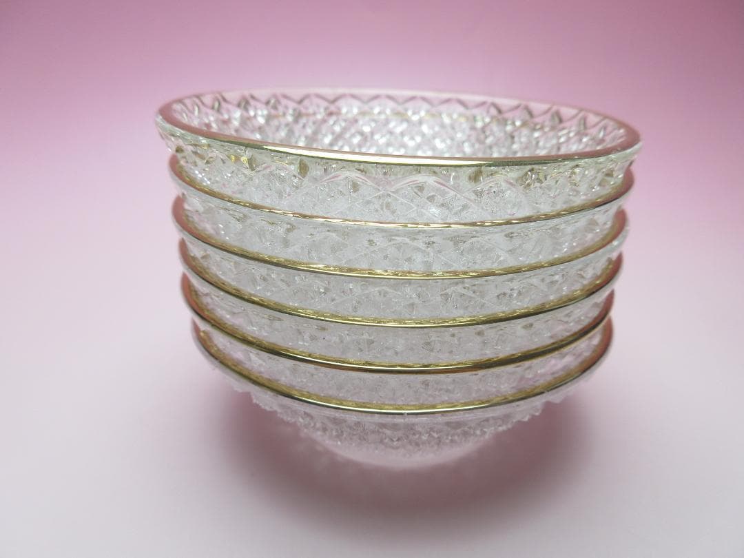 江戸ガラス ギヤマン 金縁 花魚子模様 小鉢 盃 6客 70307