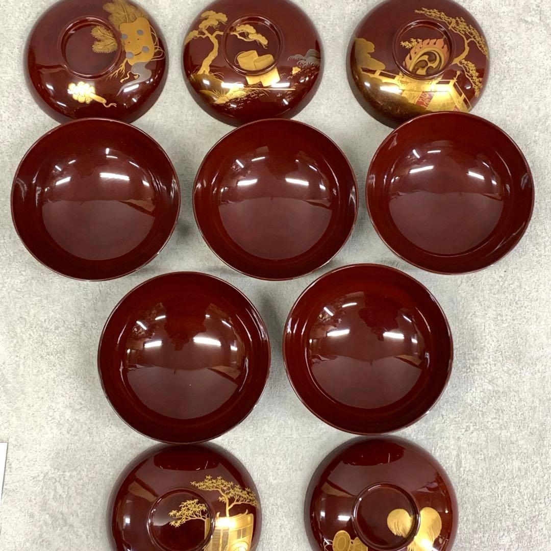 吸物椀 5客 絵変わり 塗り 溜絵 正月 賀正 金彩 汁椀 雑煮 B