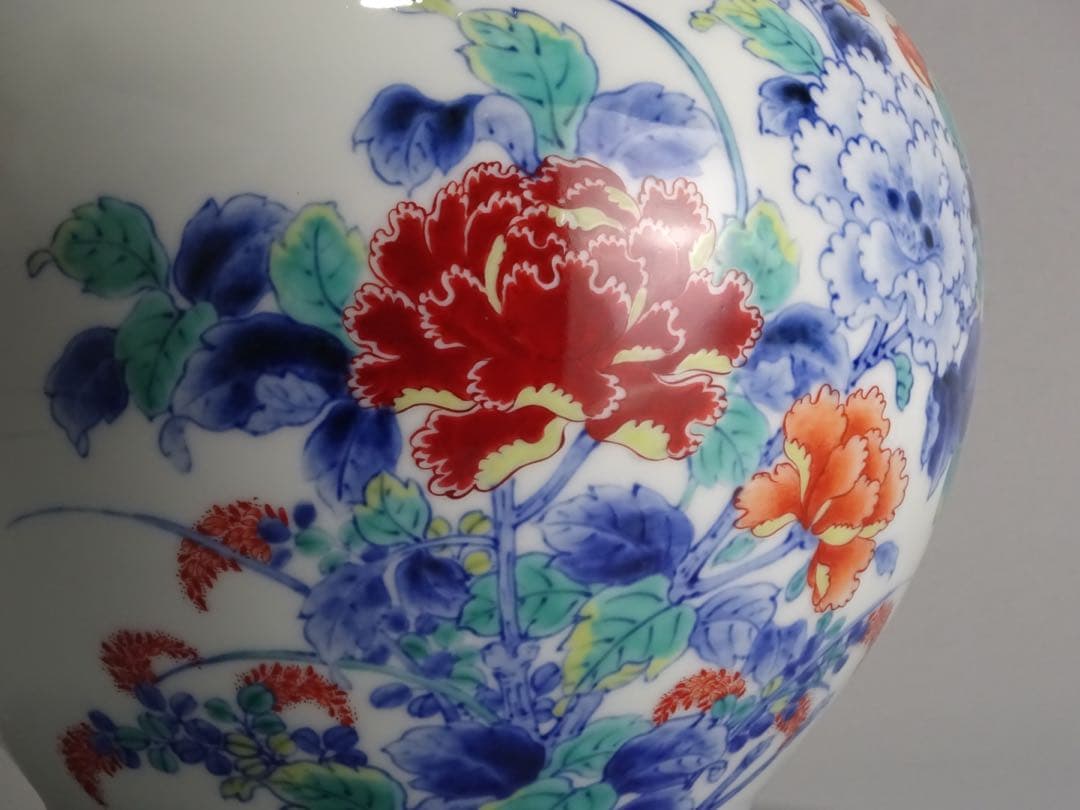 名工　十二代　今泉今右衛門　秀逸作　色鍋島　芙蓉文　花瓶　地文縁　壷　花入　花器