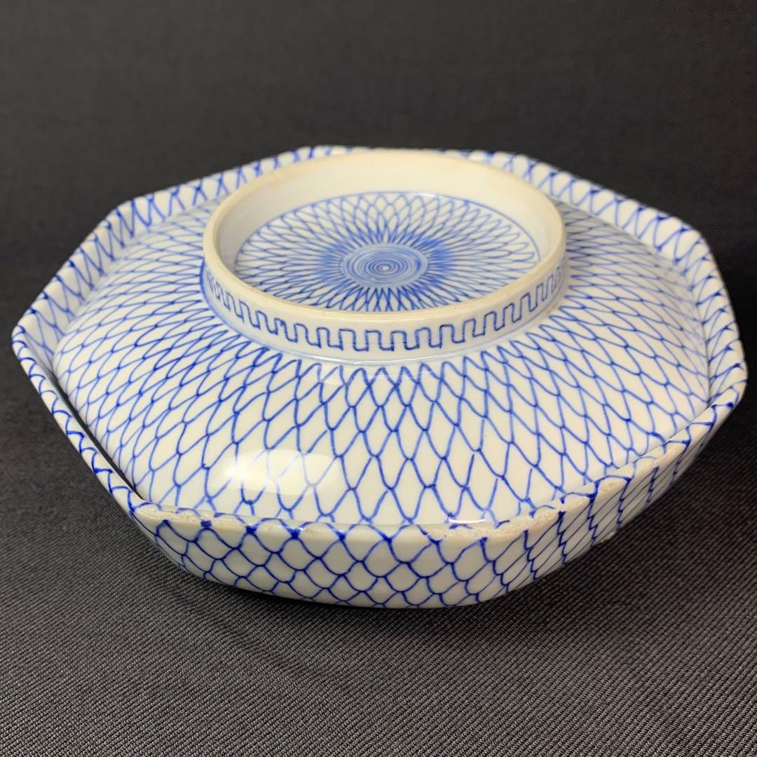 K631☆古伊万里 染付 手書き 網手 蓋もの 江戸後期