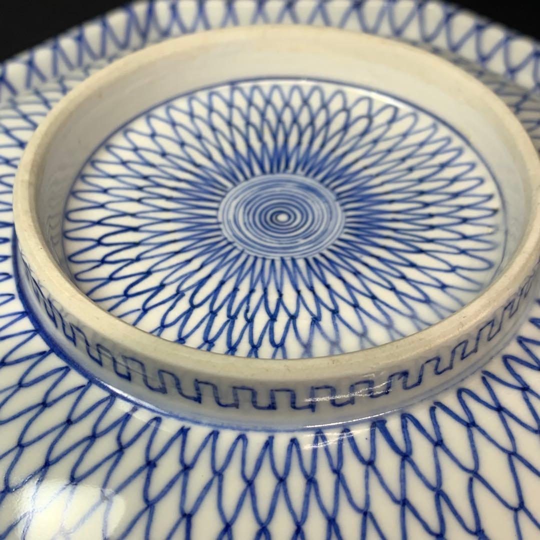 K631☆古伊万里 染付 手書き 網手 蓋もの 江戸後期