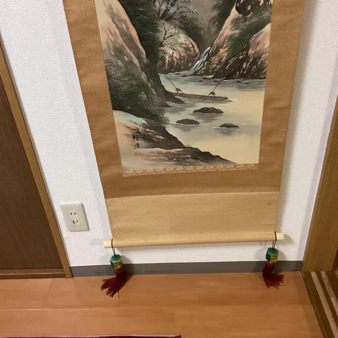 富田頼渓 絹本彩色画山水図 表具絹本共概ね良好 桐合箱