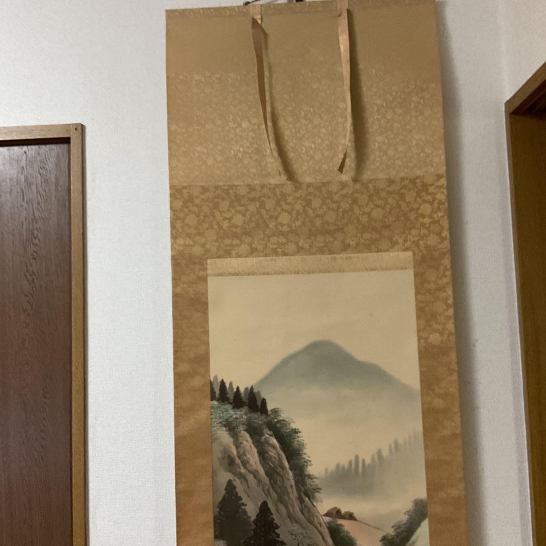 富田頼渓 絹本彩色画山水図 表具絹本共概ね良好 桐合箱