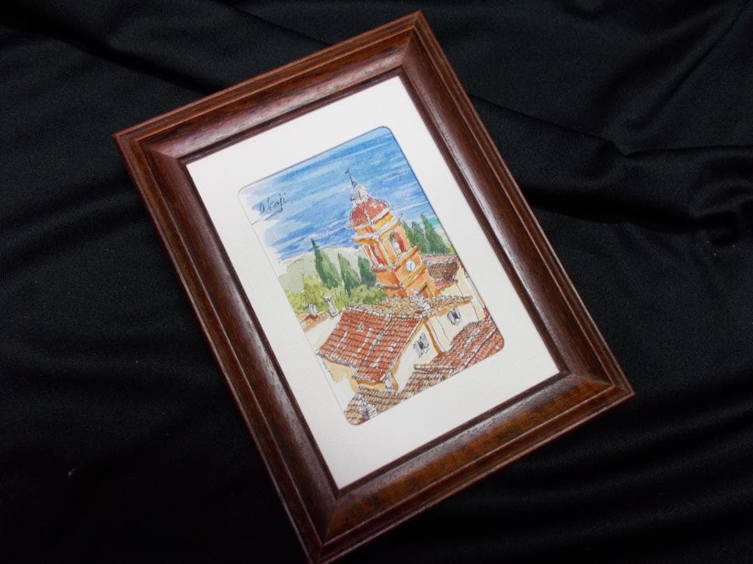 絵　手描き　コートダジュールの教会　オリジナル