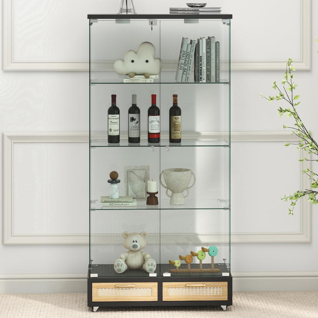 【ブラック+ナチュラル】LED・引出し付 ガラス収納キャビネット4段 両開ドア