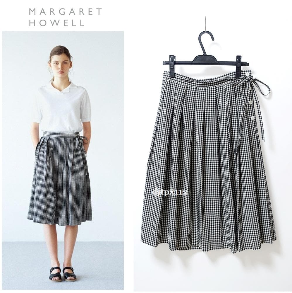 極美品*マーガレットハウエル*リボンベルト付 ギンガムチェック プリーツスカート