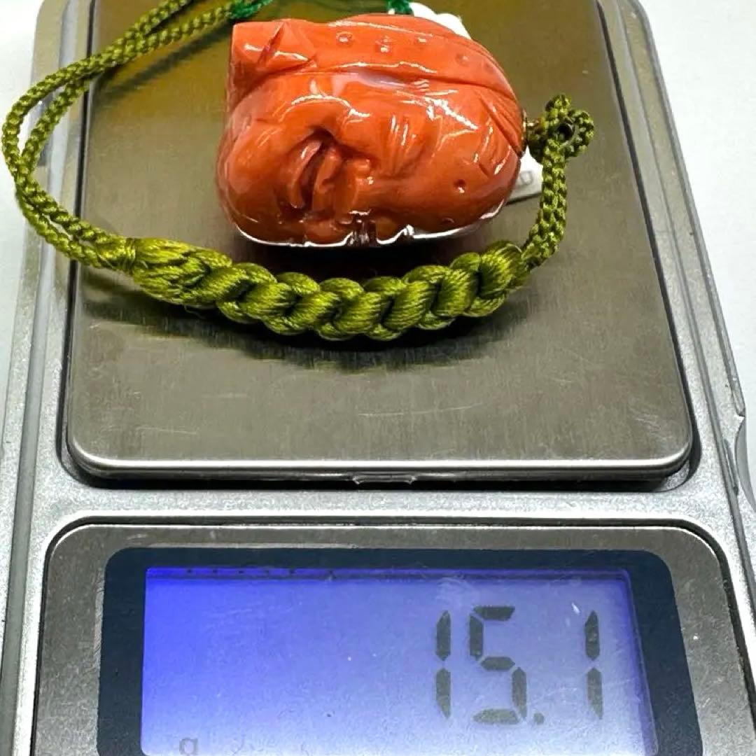 能面　天然珊瑚両面彫刻　おかめ　ひょっとこ　k18金