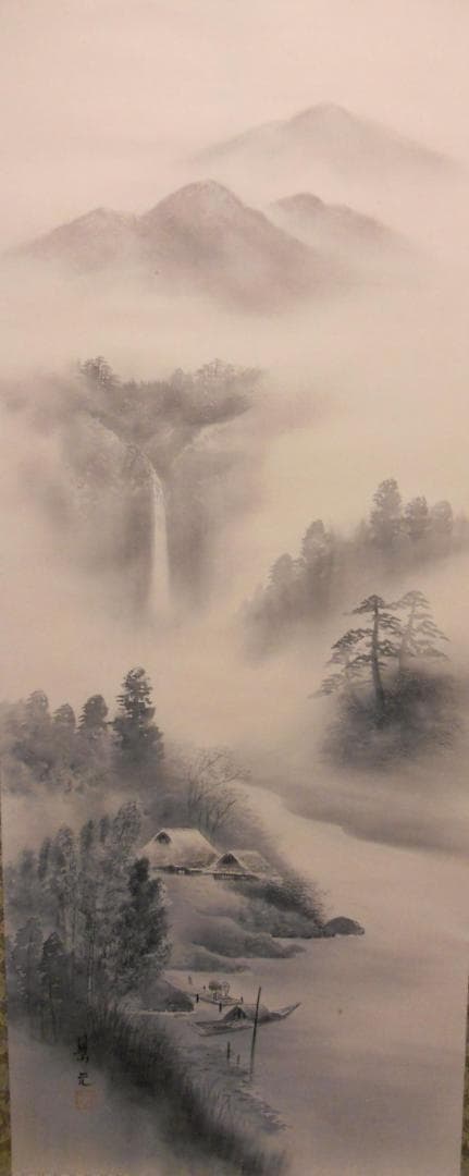 掛け軸 景元 水墨山水 絹本 希少 軸装 茶道具 掛軸 美品 です。