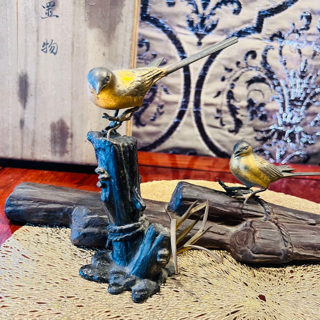 鋳銅製　置物　筏に鶺鴒　いかだにせきれい　筏乗鶺鴒　Japan
