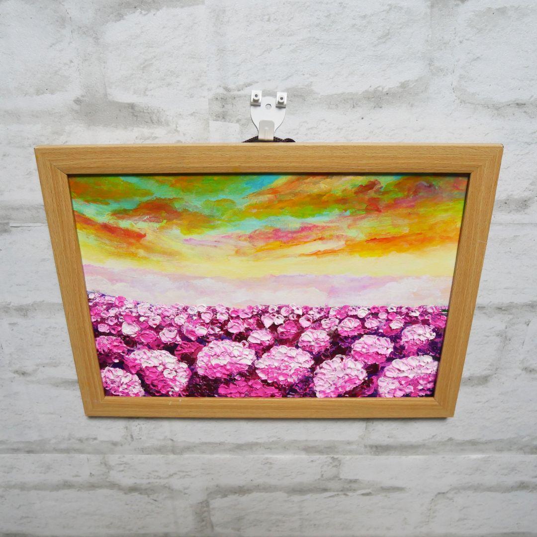 油絵 油彩 油彩画 絵 絵画【天空の夕日と紫陽花】