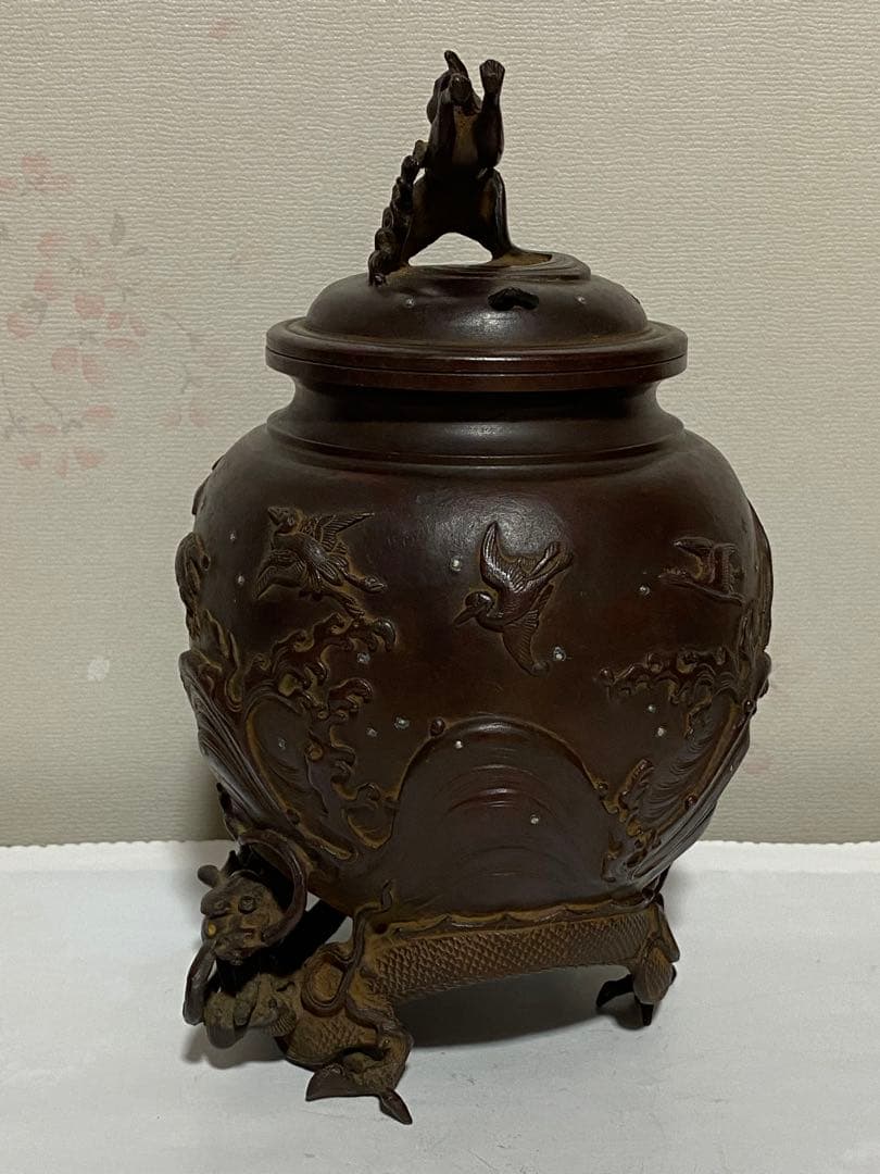 ♦蝋型細密鋳金 象嵌 波乗り兎 波千鳥文 波乗り龍足 香炉 唐金 美術品 骨董品