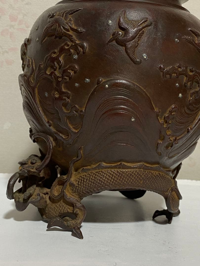 ♦蝋型細密鋳金 象嵌 波乗り兎 波千鳥文 波乗り龍足 香炉 唐金 美術品 骨董品