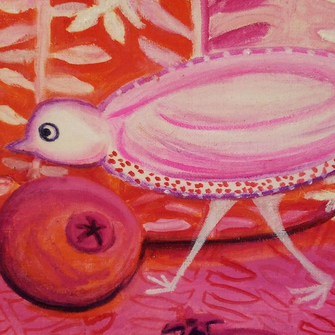 油絵　はち　小鳥さんのかくれんぼ　その2 見つけようとする鳥