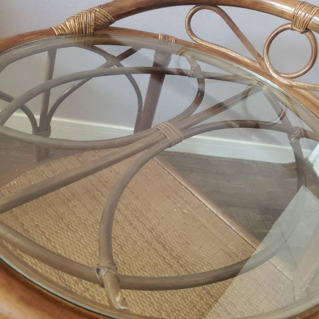 ラタン 円形 ガラステーブル 籐 レトロ アンティーク キャスター付き
