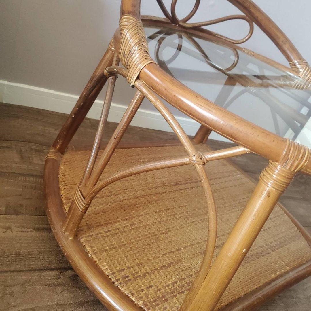ラタン 円形 ガラステーブル 籐 レトロ アンティーク キャスター付き