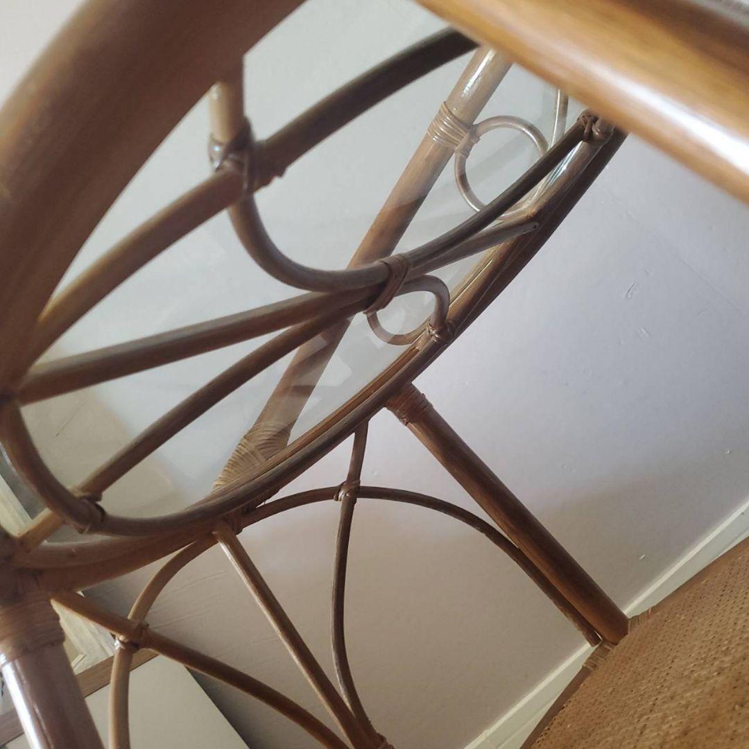 ラタン 円形 ガラステーブル 籐 レトロ アンティーク キャスター付き