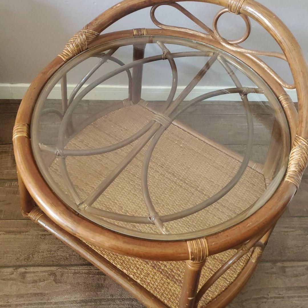 ラタン 円形 ガラステーブル 籐 レトロ アンティーク キャスター付き
