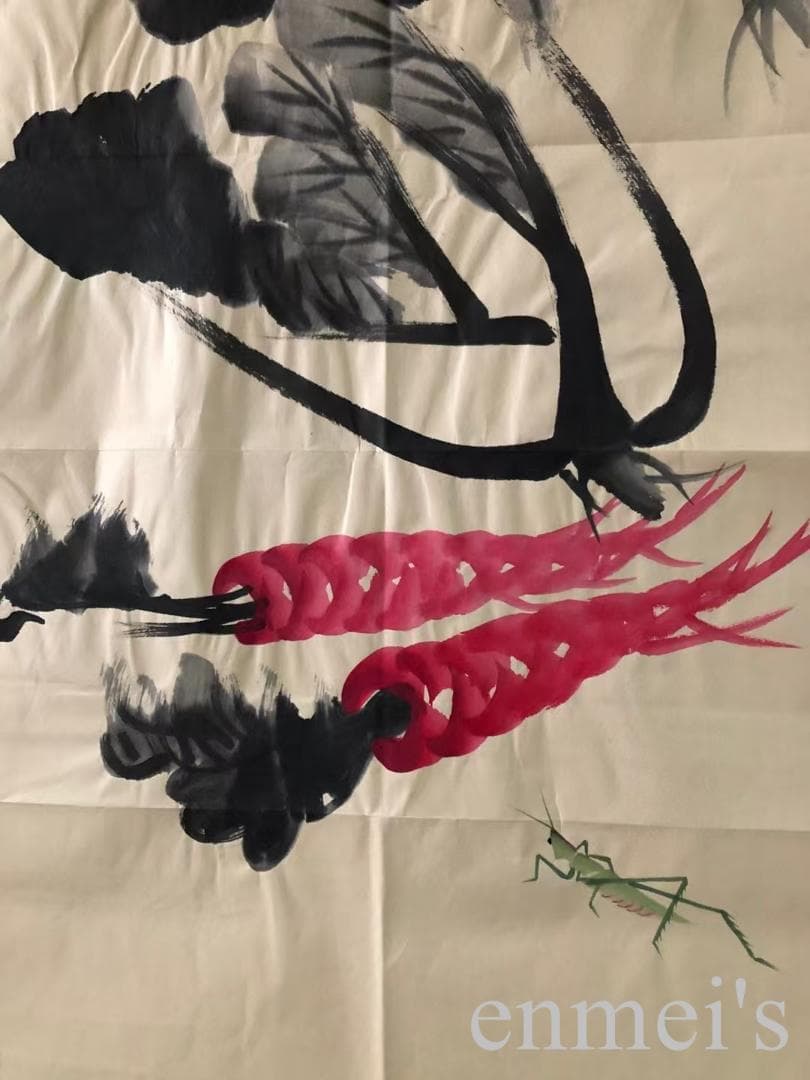 中国古美術・純手描き白菜図三尺画芯・水墨彩色画・斉白石印款・宣紙・珍品画・肉筆