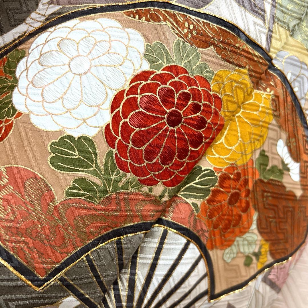 370 振袖フルセット 正絹 ベージュ 茶 金彩 駒刺繍 暈し染め アースカラー