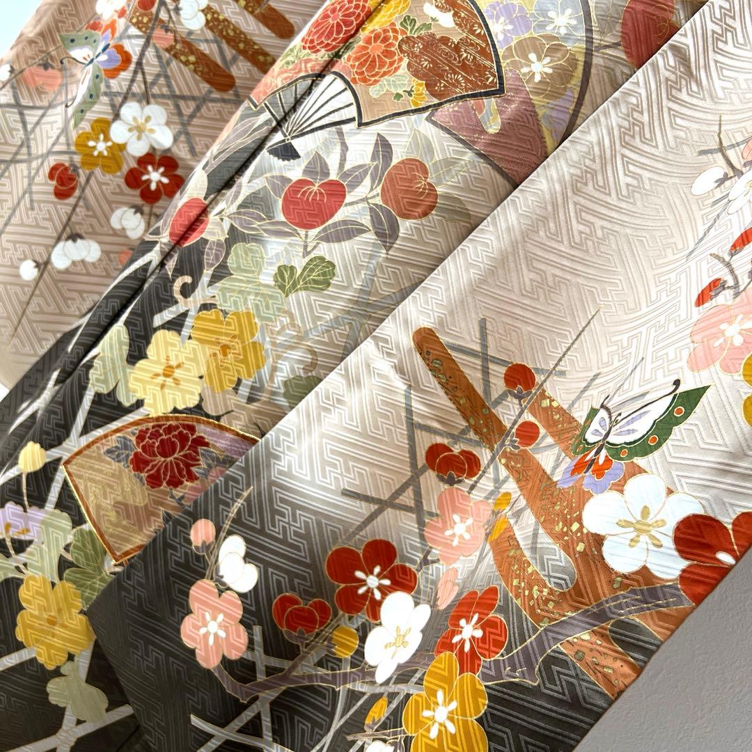370 振袖フルセット 正絹 ベージュ 茶 金彩 駒刺繍 暈し染め アースカラー
