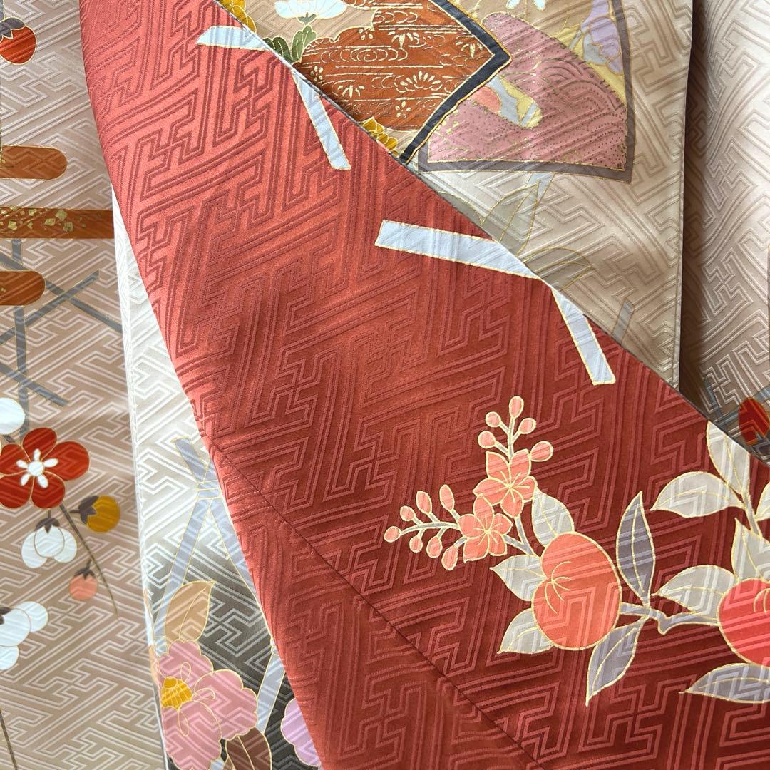 370 振袖フルセット 正絹 ベージュ 茶 金彩 駒刺繍 暈し染め アースカラー