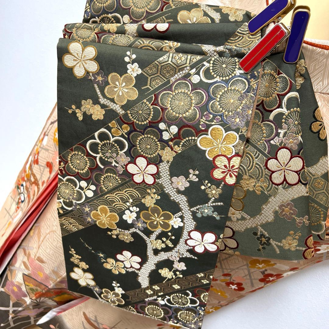 370 振袖フルセット 正絹 ベージュ 茶 金彩 駒刺繍 暈し染め アースカラー