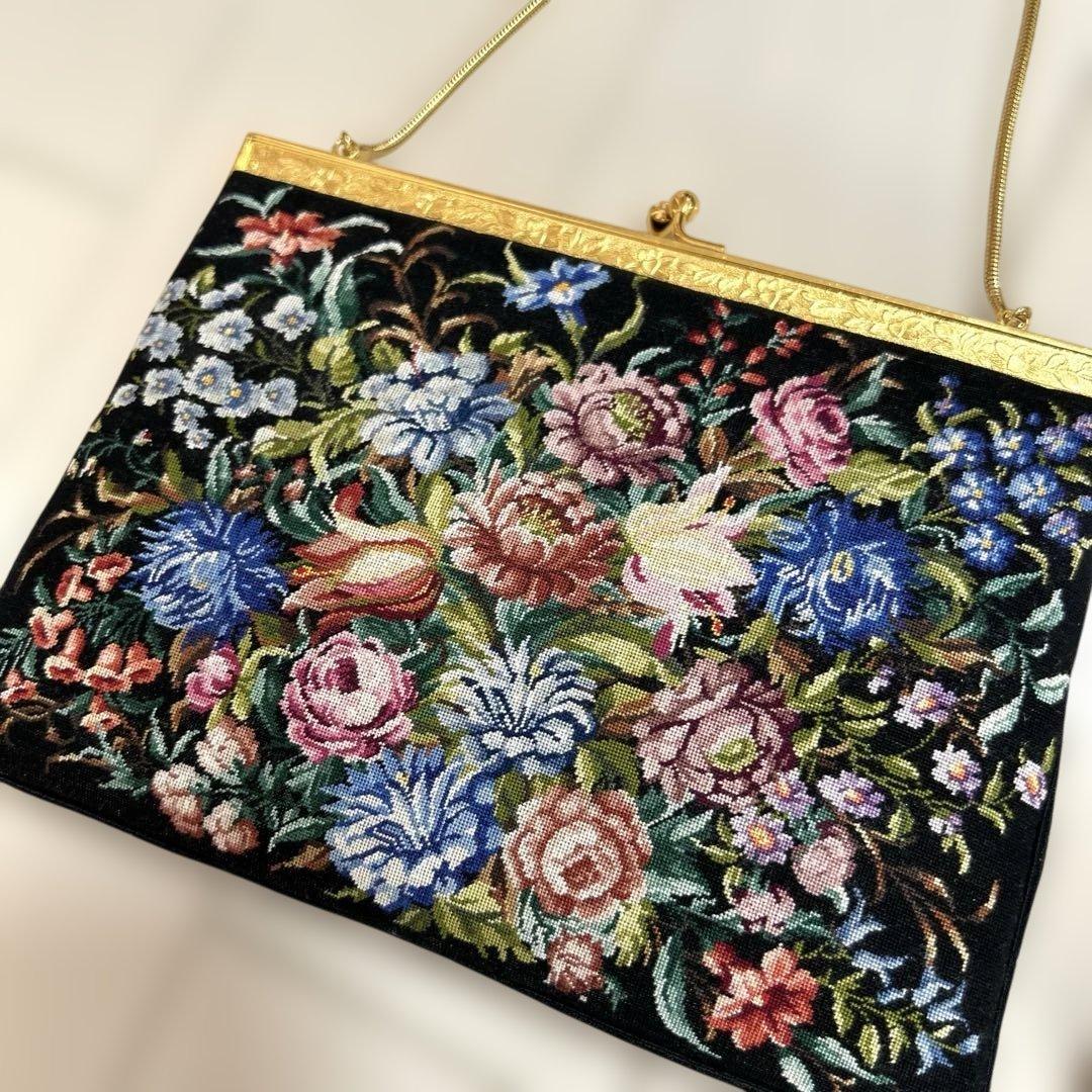 美品◆プチポアン　2WAYアンティークバッグ　花柄刺繍　バッグ＆ケース