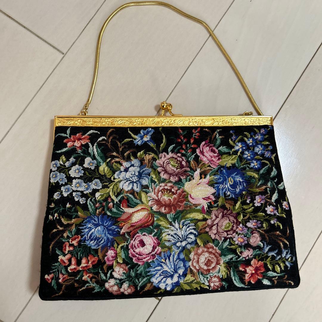 美品◆プチポアン　2WAYアンティークバッグ　花柄刺繍　バッグ＆ケース