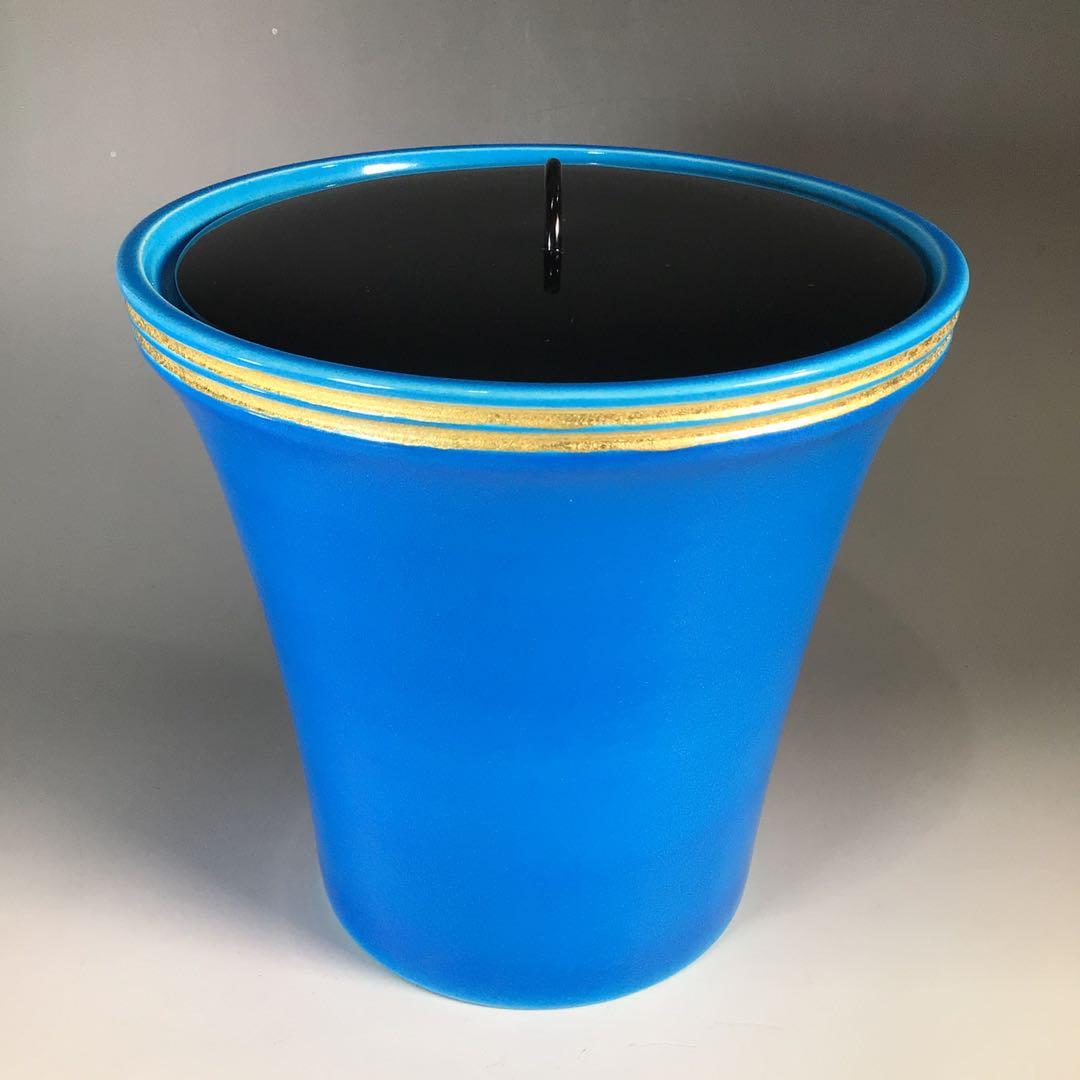 Ｎ６６５　水指　『平安　手塚祥堂造』『即中斎好写』『浅黄交趾』『末広水指』　共箱