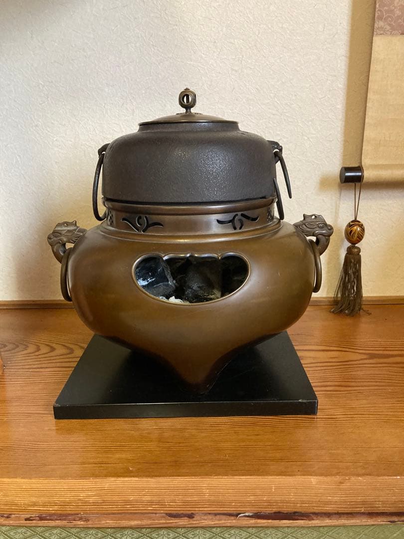 銅製 茶釜 丸型 ハンドル付き